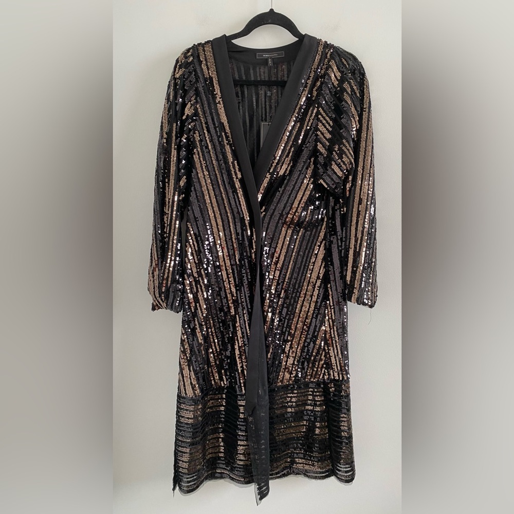 BCBGMaxAzria Black & Gold Sequin Wrap Dress Size Small New With Tag - Picture 2 of 12